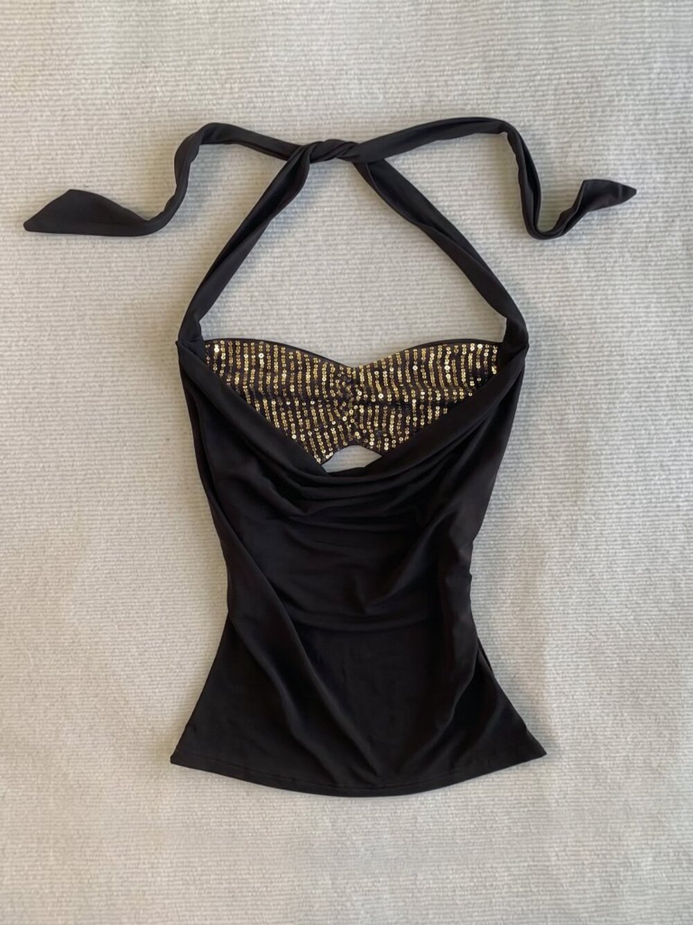 Black Casual Women's Patchwork Sequin Pleated Halter Neck Top